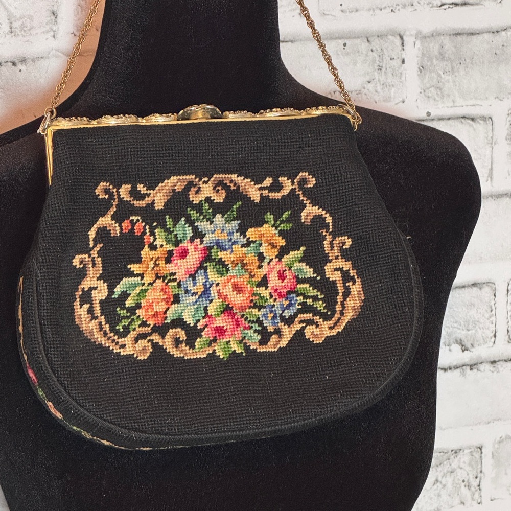 Black Floral Needlepoint Clutch with Gold Frame